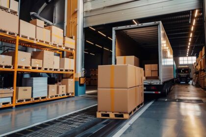 Warehouse loading dock with cardboard boxes on pallets and a semi-truck trailer being loaded.