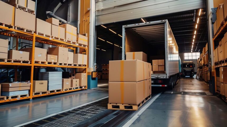 Warehouse loading dock with cardboard boxes on pallets and a semi-truck trailer being loaded.