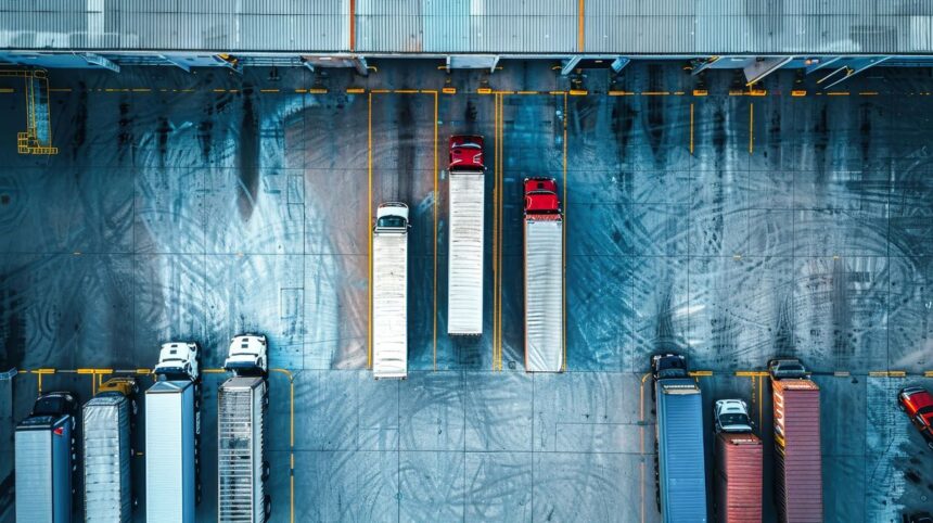 Aerial view of semi-trucks parked in designated bays at a shipping warehouse.
