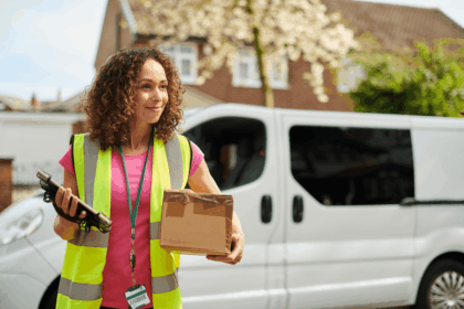 A delivery driver in a high-visibility vest holds a parcel and a digital tablet.