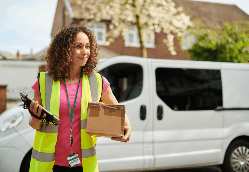 A delivery driver in a high-visibility vest holds a parcel and a digital tablet.