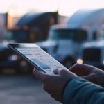 Person using a tablet in front of parked semi-trucks at sunset.