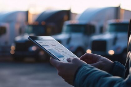 Person using a tablet in front of parked semi-trucks at sunset.