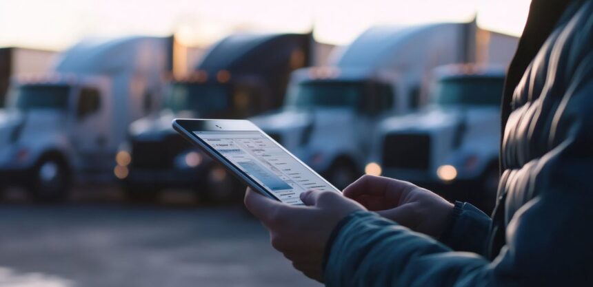 Person using a tablet in front of parked semi-trucks at sunset.
