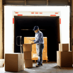 Warehouse worker with a clipboard checking boxes at the back of a delivery truck.