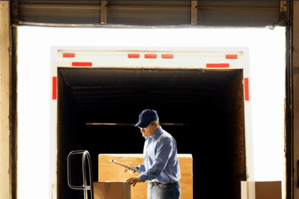Warehouse worker with a clipboard checking boxes at the back of a delivery truck.