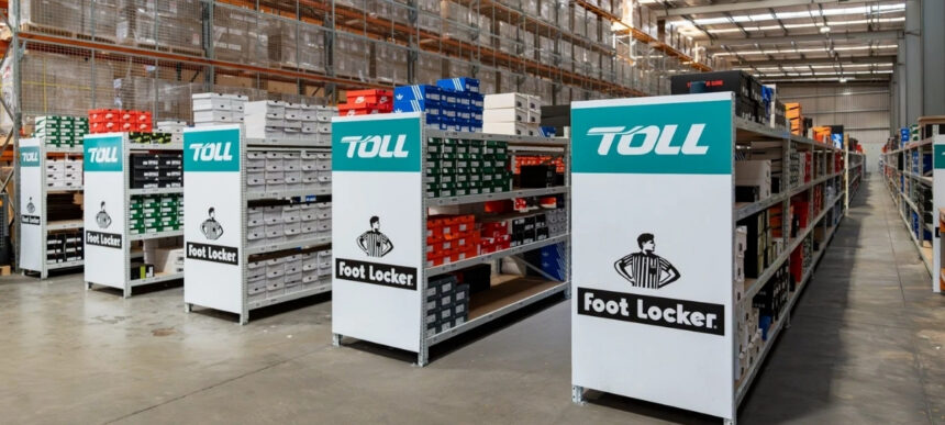 Toll and Foot Locker branded warehouse shelving filled with footwear stock, highlighting their extended ANZ logistics partnership.