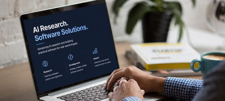 Laptop screen showing AI research and software solutions messaging, with a person working beside a coffee cup and notebook.