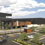 Artist render of Asahi Beverages’ proposed major distribution facility in Queensland, showing a large warehouse, truck loading areas and car parking.
