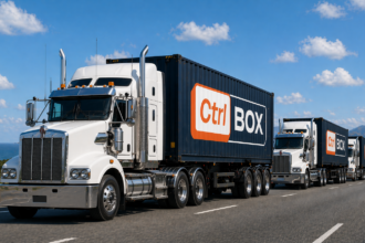 A convoy of semi-trailer trucks carrying shipping containers branded with the CtrlBOX logo travels along a coastal highway under a blue sky, illustrating large-scale freight transport and logistics operations.