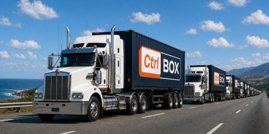 A convoy of semi-trailer trucks carrying shipping containers branded with the CtrlBOX logo travels along a coastal highway under a blue sky, illustrating large-scale freight transport and logistics operations.