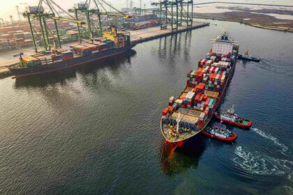 Aerial view of a busy container port with cargo ships, stacked shipping containers and towering gantry cranes, as tugboats guide a container vessel into position at the terminal.