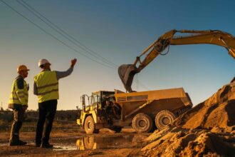 Caucasian Male Real Estate Investor And Civil Engineer Talking On Construction Site Of Apartment Block. Colleagues Discussing Building Progress. Excavator Loading Sand In Industrial Truck On Warm Day.
