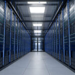 Modern data centre with rows of server racks in a climate-controlled server room.