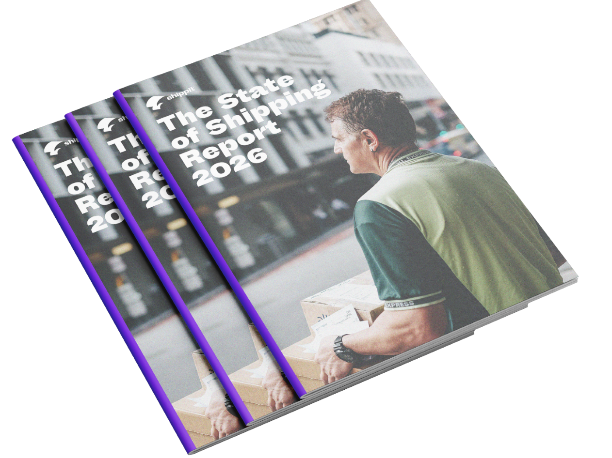 Three copies of the State of Shipping Report 2026 are stacked on a black background. The cover features a delivery worker carrying parcels in an urban setting, with the report title displayed in large white text.