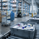 Automated warehouse conveyor transporting bins of healthcare products, with pallet racking and a forklift in the background.