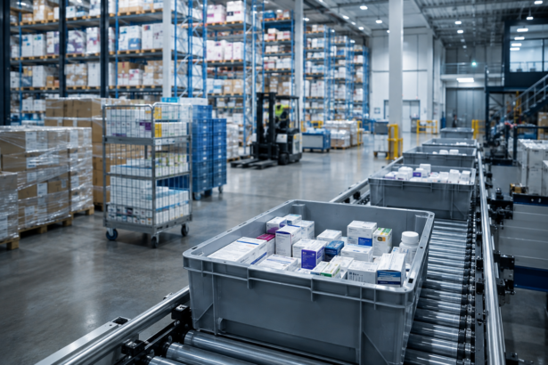 Automated warehouse conveyor transporting bins of healthcare products, with pallet racking and a forklift in the background.