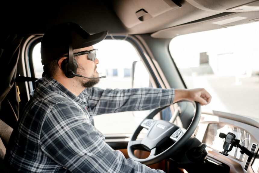 A man is driving a truck wearing a hands-free headset.