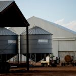 Grain storage silos and large sheds at an agricultural production facility, with farm equipment and trailers nearby.