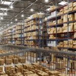 Large modern warehouse with rows of high storage racks filled with boxes and automated material handling systems below.