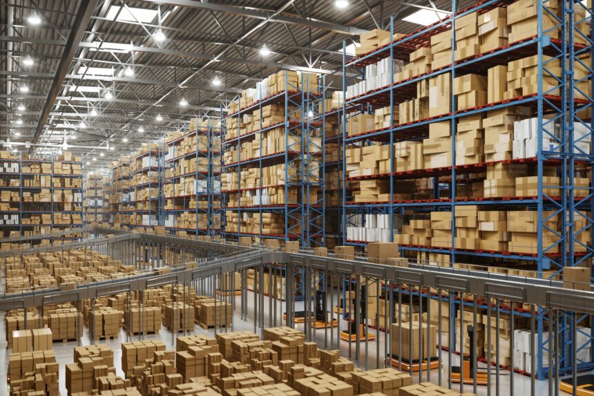 Large modern warehouse with rows of high storage racks filled with boxes and automated material handling systems below.